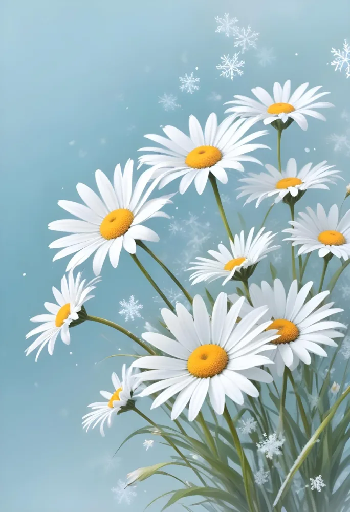 Digital Painting Daisies In The Lower Right Corner Light Blue Background With White Snowflakes White Space On The Left Pastel Colors Soft Lighting Gentle And Calming Atmosphere Bold And Slim Lines Brush Strokes 7 Db60