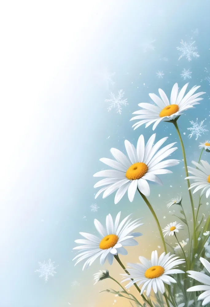 Digital Painting Daisies In The Lower Right Corner Light Blue Background With White Snowflakes White Space On The Left Pastel Colors Soft Lighting Gentle And Calming Atmosphere Bold And Slim Lines Brush Strokes 8 Fcc1