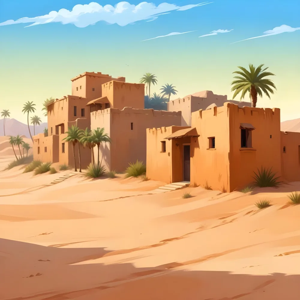 Digital Painting Desert Village With Mud Houses Palm Trees Clear Blue Sky Sand Dunes Traditional Architecture Warm Color Palette Cartoon Style Sunny Day Peaceful Atmosphere Simple Design Bold And Slim Lines 32 A1f4