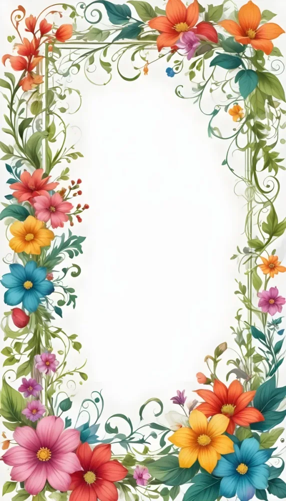 Digital Painting Floral Frame With Colorful Flowers And Green Leaves On A White Background Decorative Swirls And Vines Elegant Design Vibrant Colors Symmetrical Composition Ornate Details Botanical Illustration 12 06f8