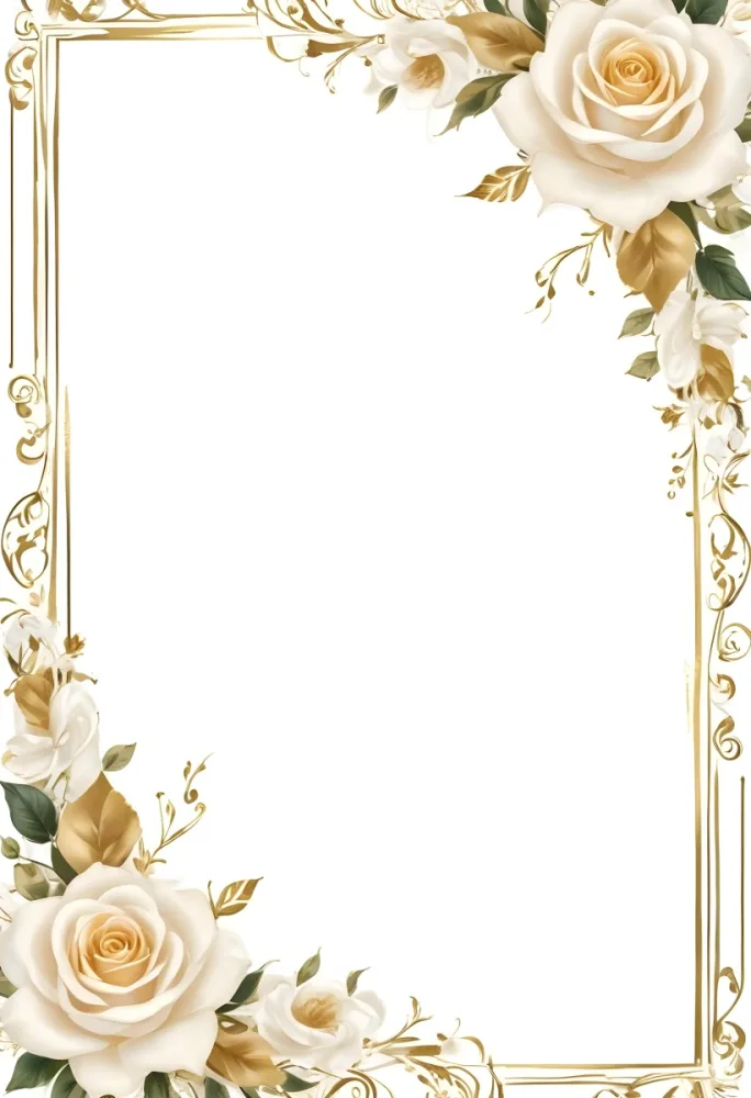 Digital Painting Floral Frame With White Roses And Golden Swirls On A White Background Elegant Design For Invitations Or Cards Decorative Border With Vintage Style Romantic Floral Arrangement Bold And Slim Lines Br 32 56dc