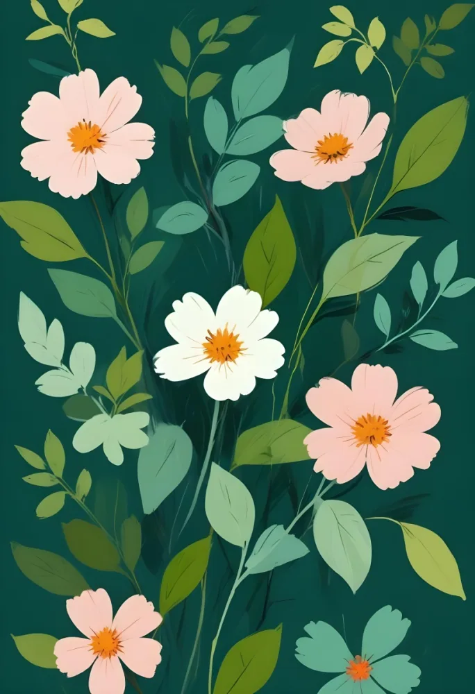 Digital Painting Flowers And Leaves On A Green Background Bold And Slim Lines Brush Strokes 46 E15b