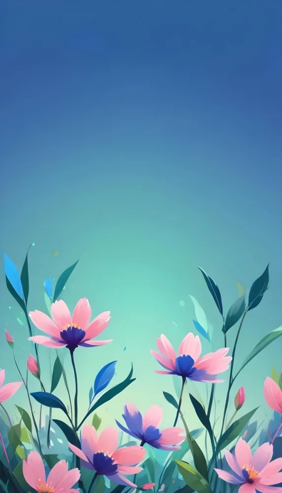 Digital Painting Flowers With Pink And Blue Petals Green Leaves Bright Light In The Center Pink Background Bold And Slim Lines Brush Strokes 17 4e2e