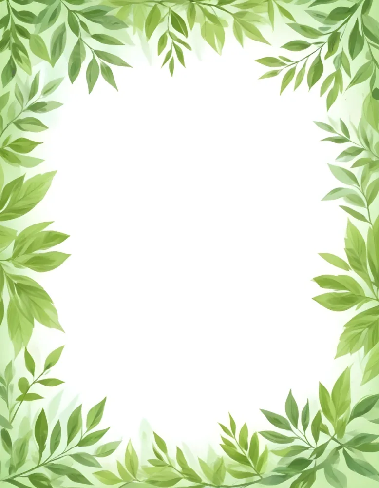 Digital Painting Green Leaves Frame With Green Background Light Green Color Nature Plant Leaf Branch Botanical Foliage Decoration Border Spring Summer Bold And Slim Lines Brush Strokes 12 Feca