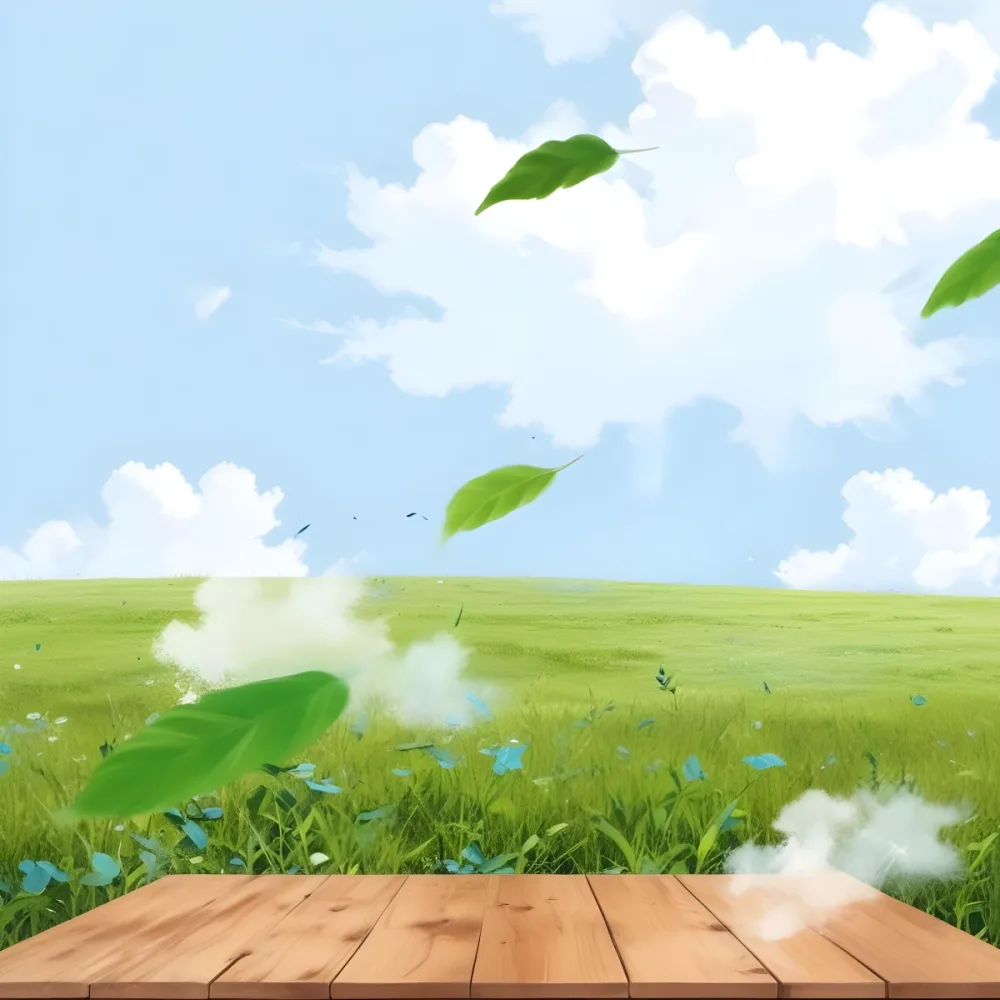 Digital Painting Green Meadow With A Wooden Table In The Foreground Blue Leaves Floating In The Air Blue Sky With Clouds In The Background Bold And Slim Lines Brush Strokes 45 6320