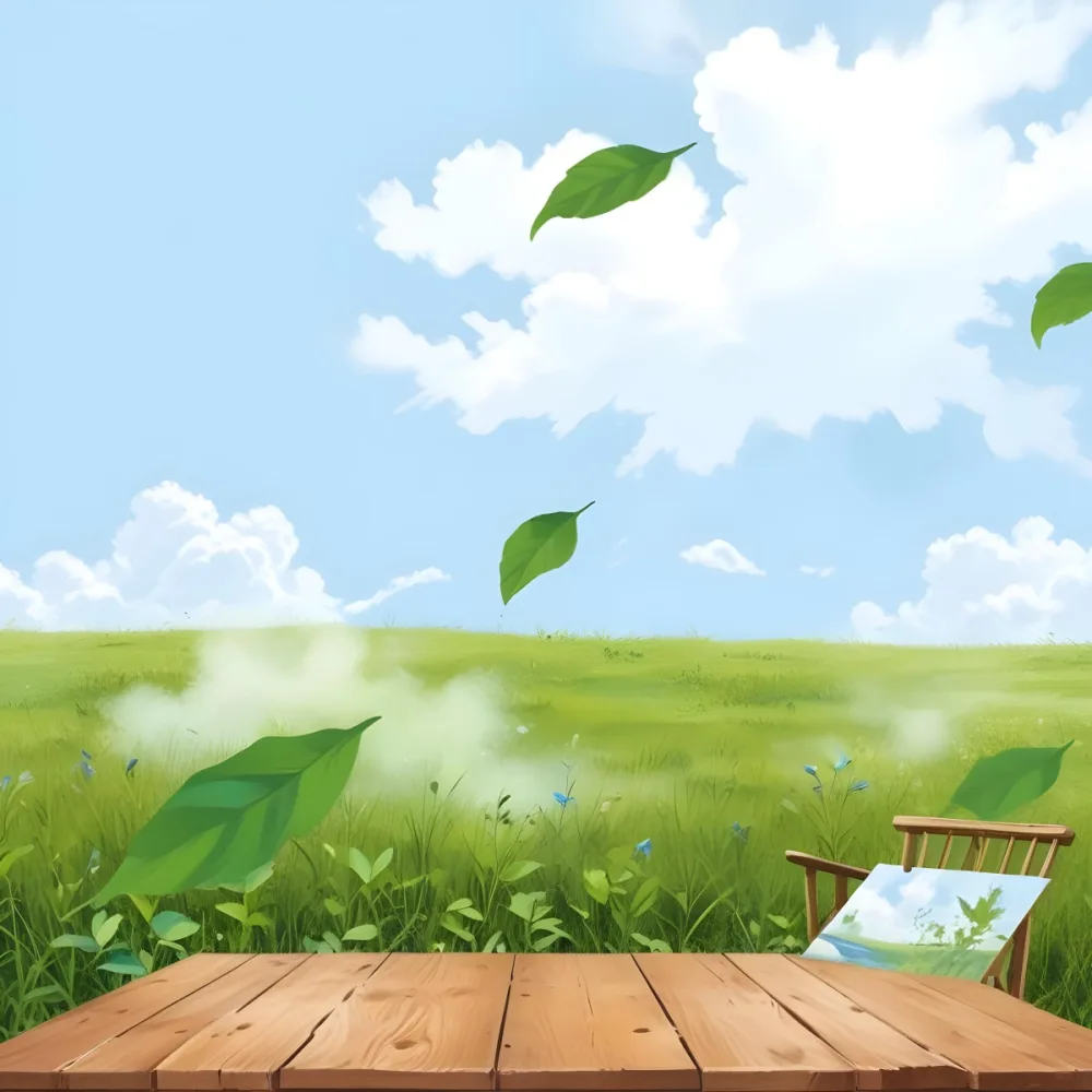 Digital Painting Green Meadow With A Wooden Table In The Foreground Blue Leaves Floating In The Air Blue Sky With Clouds In The Background Bold And Slim Lines Brush Strokes 7 Dbc1