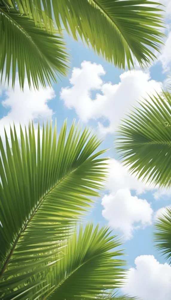 Digital Painting Green Palm Leaves Against A Bright Blue Sky With Fluffy White Clouds Bold And Slim Lines Brush Strokes 3 5217
