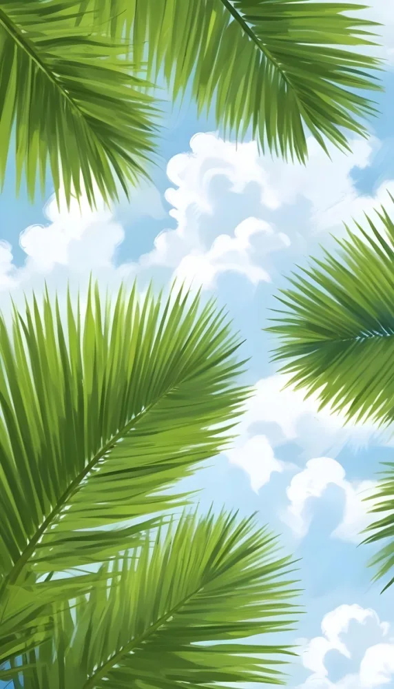 Digital Painting Green Palm Leaves Against A Bright Blue Sky With Fluffy White Clouds Bold And Slim Lines Brush Strokes 47 1e96