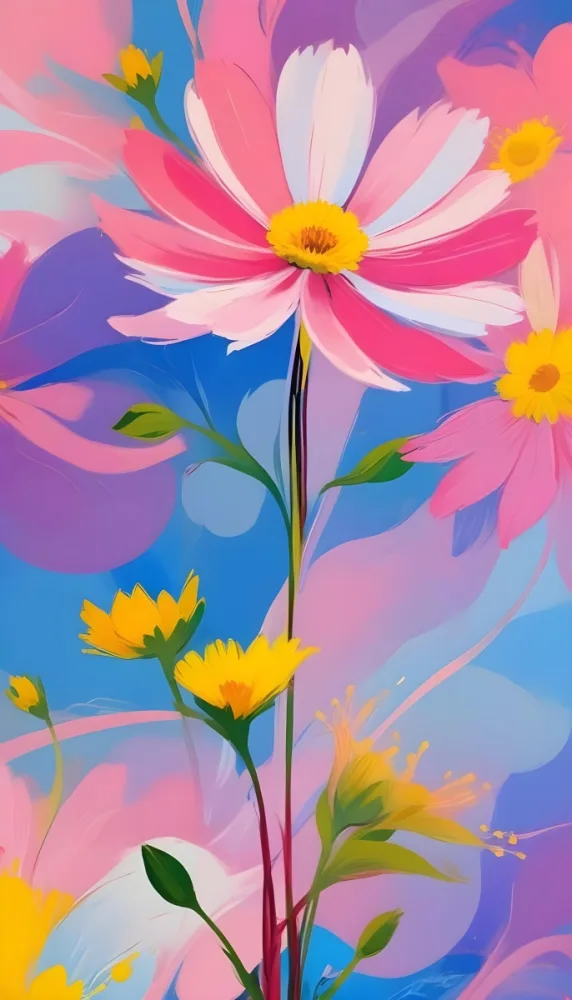 Digital Painting Large Pink Flowers With Blue Centers And Smaller Yellow Flowers Against A Soft Blue And Pink Background With Abstract Swirls Bold And Slim Lines Brush Strokes 100 437c