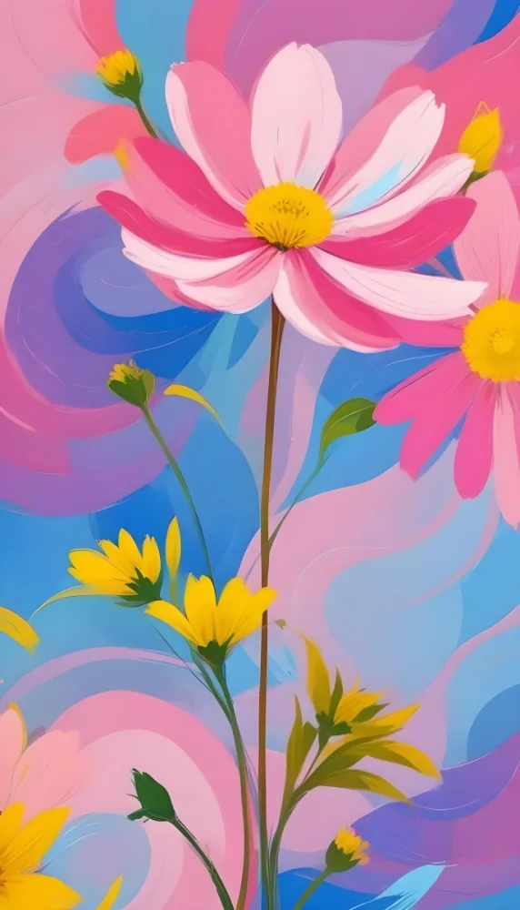 Digital Painting Large Pink Flowers With Blue Centers And Smaller Yellow Flowers Against A Soft Blue And Pink Background With Abstract Swirls Bold And Slim Lines Brush Strokes 104 16ff