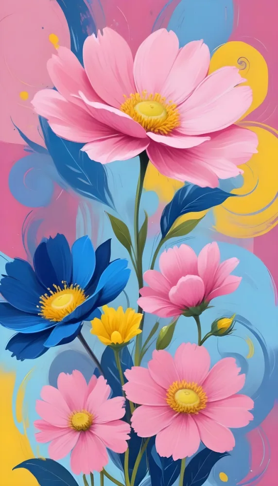 Digital Painting Large Pink Flowers With Blue Centers And Smaller Yellow Flowers Against A Soft Blue And Pink Background With Abstract Swirls Bold And Slim Lines Brush Strokes 125 678e