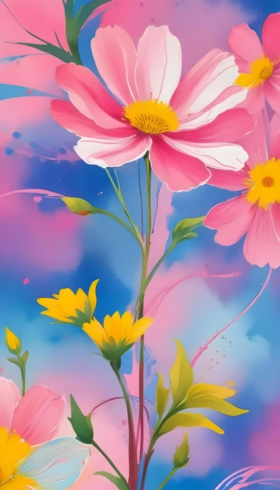 Digital Painting Large Pink Flowers With Blue Centers And Smaller Yellow Flowers Against A Soft Blue And Pink Background With Abstract Swirls Bold And Slim Lines Brush Strokes 32 2f6e