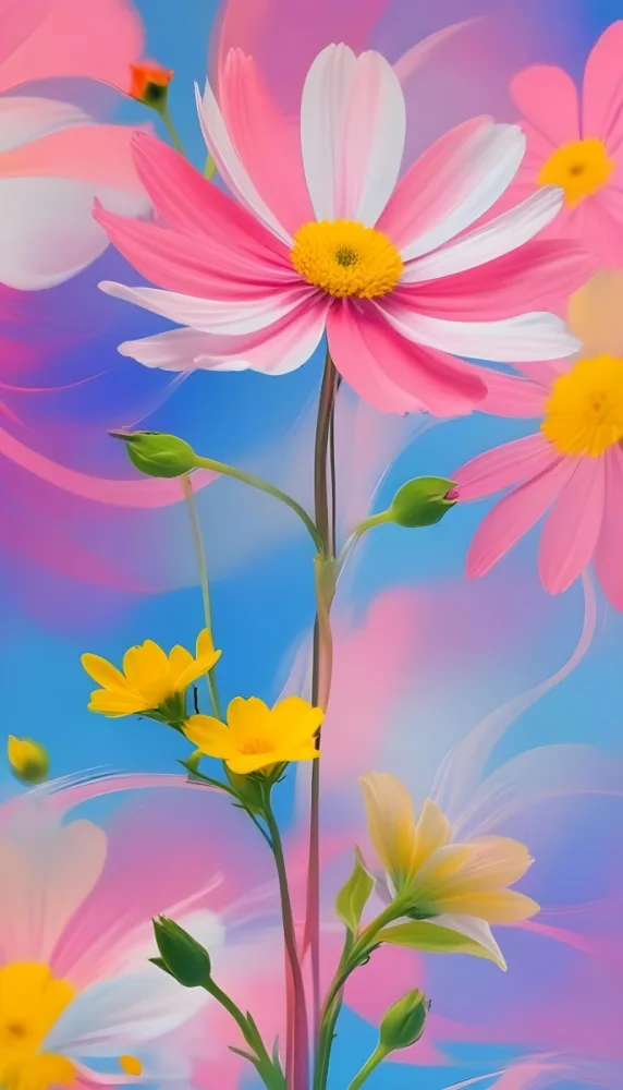 Digital Painting Large Pink Flowers With Blue Centers And Smaller Yellow Flowers Against A Soft Blue And Pink Background With Abstract Swirls Bold And Slim Lines Brush Strokes 33 6e61