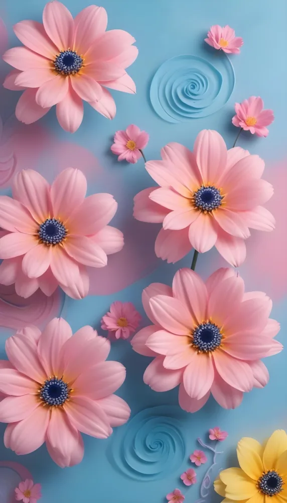 Digital Painting Large Pink Flowers With Blue Centers And Smaller Yellow Flowers Against A Soft Blue And Pink Background With Abstract Swirls Bold And Slim Lines Brush Strokes 82 42ac