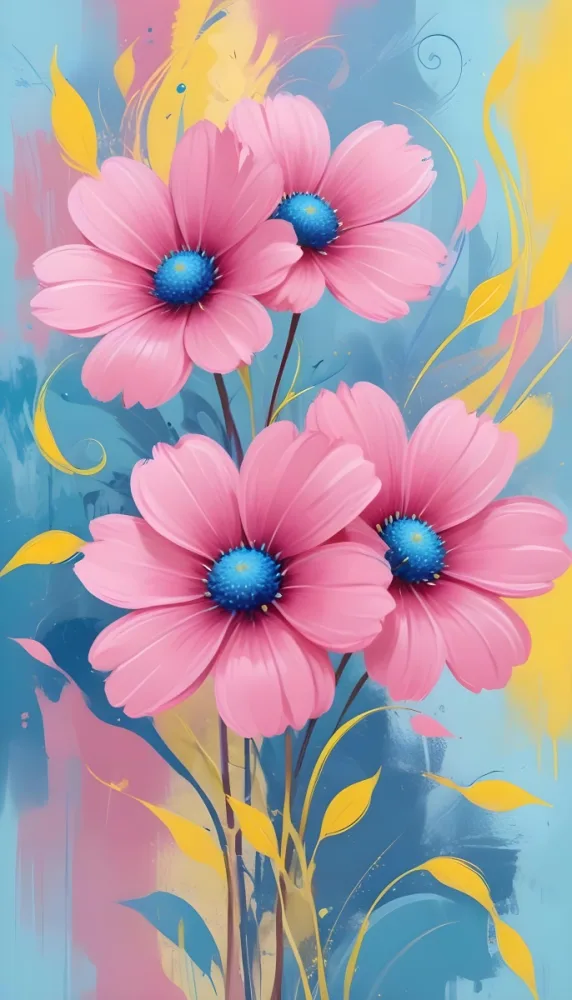 Digital Painting Large Pink Flowers With Blue Centers And Smaller Yellow Flowers Against A Soft Blue And Pink Background With Abstract Swirls Bold And Slim Lines Brush Strokes 89 E44a