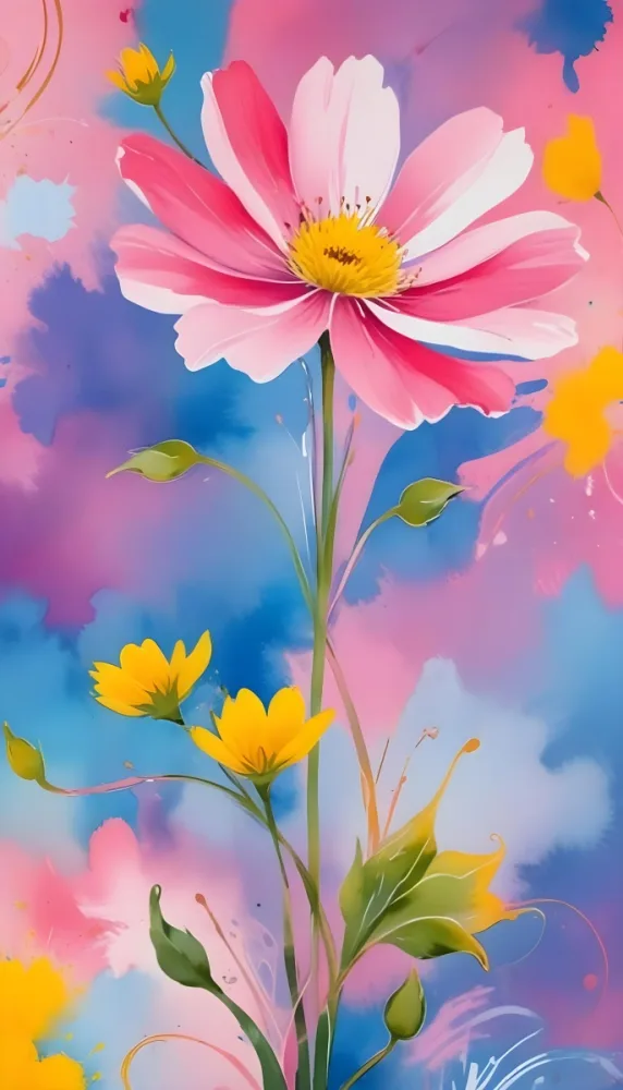 Digital Painting Large Pink Flowers With Blue Centers And Smaller Yellow Flowers Against A Soft Blue And Pink Background With Abstract Swirls Bold And Slim Lines Brush Strokes 9 0573