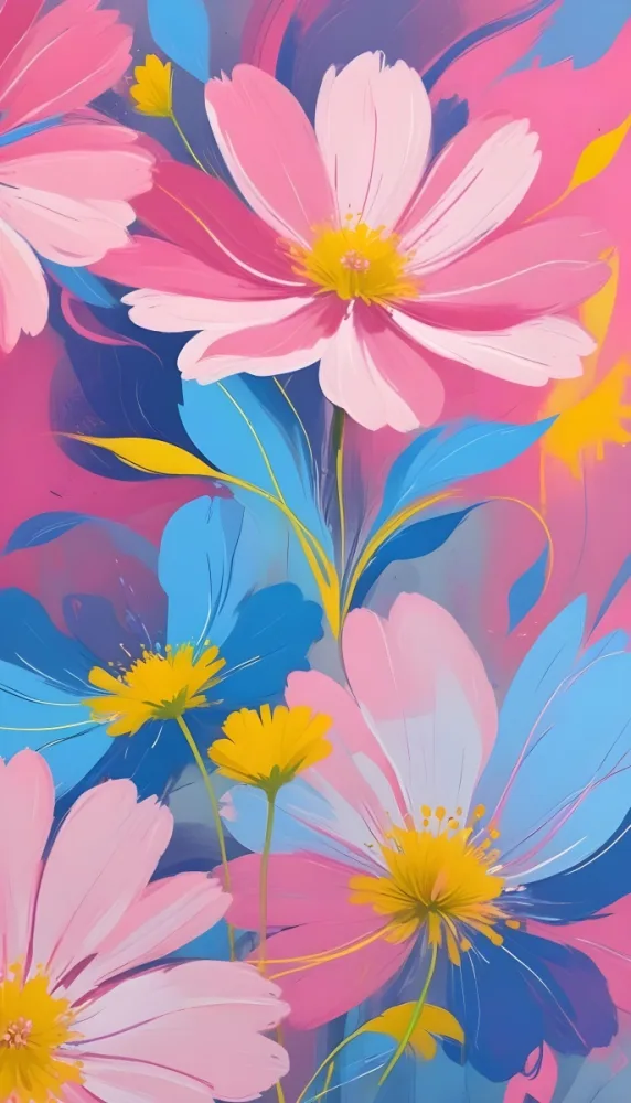 Digital Painting Large Pink Flowers With Blue Centers And Smaller Yellow Flowers Against A Soft Blue And Pink Background With Abstract Swirls Bold And Slim Lines Brush Strokes 90 3401