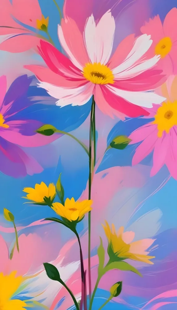 Digital Painting Large Pink Flowers With Blue Centers And Smaller Yellow Flowers Against A Soft Blue And Pink Background With Abstract Swirls Bold And Slim Lines Brush Strokes 93 6e97