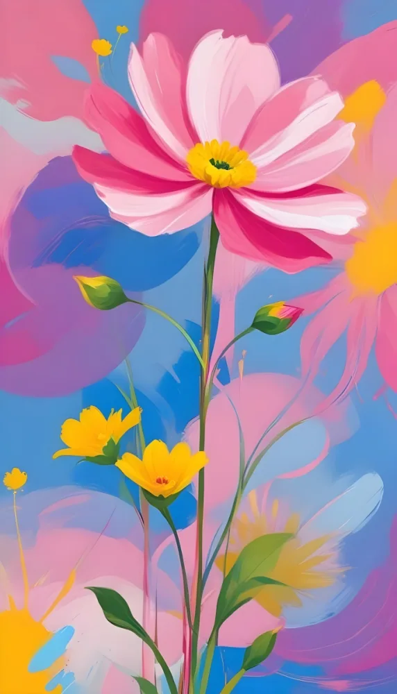 Digital Painting Large Pink Flowers With Blue Centers And Smaller Yellow Flowers Against A Soft Blue And Pink Background With Abstract Swirls Bold And Slim Lines Brush Strokes 95 5757