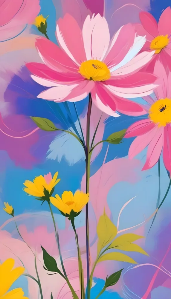 Digital Painting Large Pink Flowers With Blue Centers And Smaller Yellow Flowers Against A Soft Blue And Pink Background With Abstract Swirls Bold And Slim Lines Brush Strokes 96 Bc4f