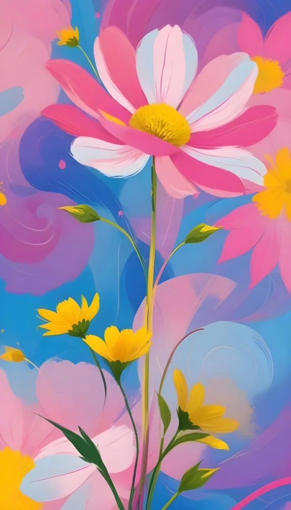 Digital Painting Large Pink Flowers With Blue Centers And Smaller Yellow Flowers Against A Soft Blue And Pink Background With Abstract Swirls Bold And Slim Lines Brush Strokes 98 E1b6