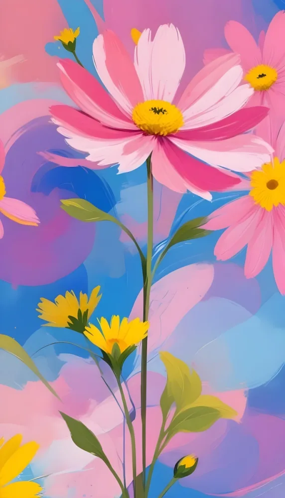 Digital Painting Large Pink Flowers With Blue Centers And Smaller Yellow Flowers Against A Soft Blue And Pink Background With Abstract Swirls Bold And Slim Lines Brush Strokes 99 366e