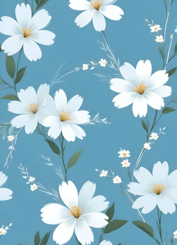 Digital Painting Light Blue Background With White Flowers In The Corners And Light Blue Lines On The Sides Minimalist Design Soft Colors Clean And Simple Bold And Slim Lines Brush Strokes 5 90ed
