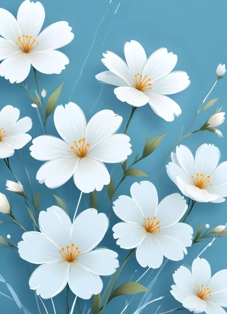 Digital Painting Light Blue Background With White Flowers In The Corners And Light Blue Lines On The Sides Minimalist Design Soft Colors Clean And Simple Bold And Slim Lines Brush Strokes 7 27d8