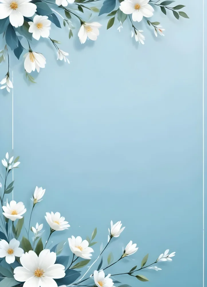 Digital Painting Light Blue Background With White Flowers In The Corners And Light Blue Lines On The Sides Minimalist Design Soft Colors Clean And Simple Bold And Slim Lines Brush Strokes 9 Ce0a