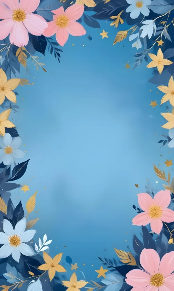 Digital Painting Pastel Flowers In Blue Blue And Blue With Blue Leaves Arranged In A Circle Around A Light Blue Background With Small Gold Stars Bold And Slim Lines Brush Strokes 13 40e9