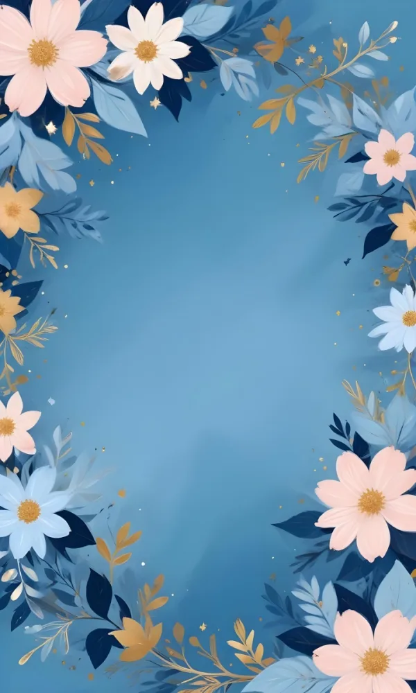 Digital Painting Pastel Flowers In Blue Blue And Blue With Blue Leaves Arranged In A Circle Around A Light Blue Background With Small Gold Stars Bold And Slim Lines Brush Strokes 20 0901