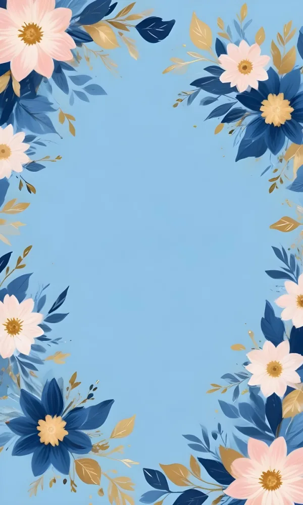 Digital Painting Pastel Flowers In Blue Blue And Blue With Blue Leaves Arranged In A Circle Around A Light Blue Background With Small Gold Stars Bold And Slim Lines Brush Strokes 23 C496