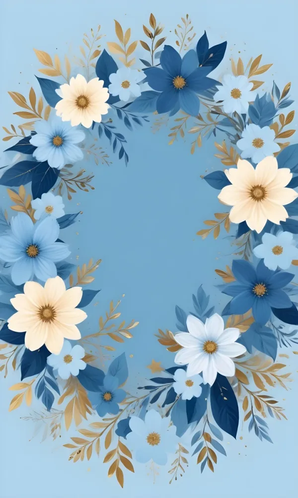 Digital Painting Pastel Flowers In Blue Blue And Blue With Blue Leaves Arranged In A Circle Around A Light Blue Background With Small Gold Stars Bold And Slim Lines Brush Strokes 5 Ac9a