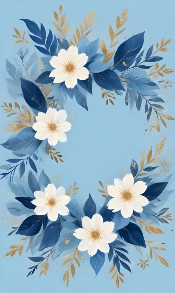 Digital Painting Pastel Flowers In Blue Blue And Blue With Blue Leaves Arranged In A Circle Around A Light Blue Background With Small Gold Stars Bold And Slim Lines Brush Strokes 7 2613