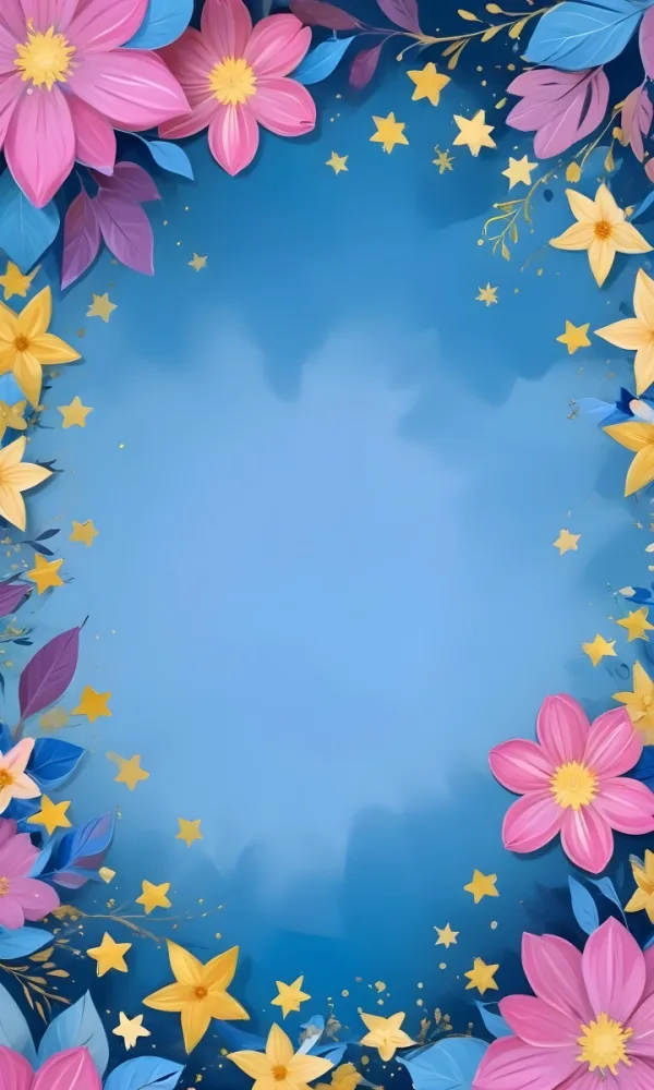 Digital Painting Pastel Flowers In Blue Blue And Blue With Blue Leaves Arranged In A Circle Around A Light Blue Background With Small Gold Stars Bold And Slim Lines Brush Strokes 9 16a7