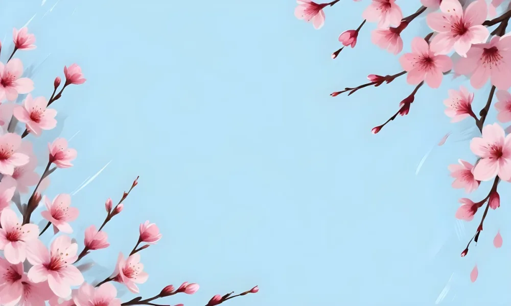 Digital Painting Pink Cherry Blossom Flowers On The Top Right And Bottom Left Corners With Falling Petals Against A Light Blue Background Bold And Slim Lines Brush Strokes 7 2877