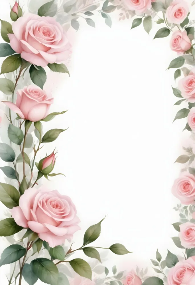 Digital Painting Pink Roses With Green Leaves On A White Background Watercolor Style Soft Pastel Colors Delicate Floral Arrangement Elegant Design Romantic Theme Floral Border Botanical Illustration Bold 18 Fd79