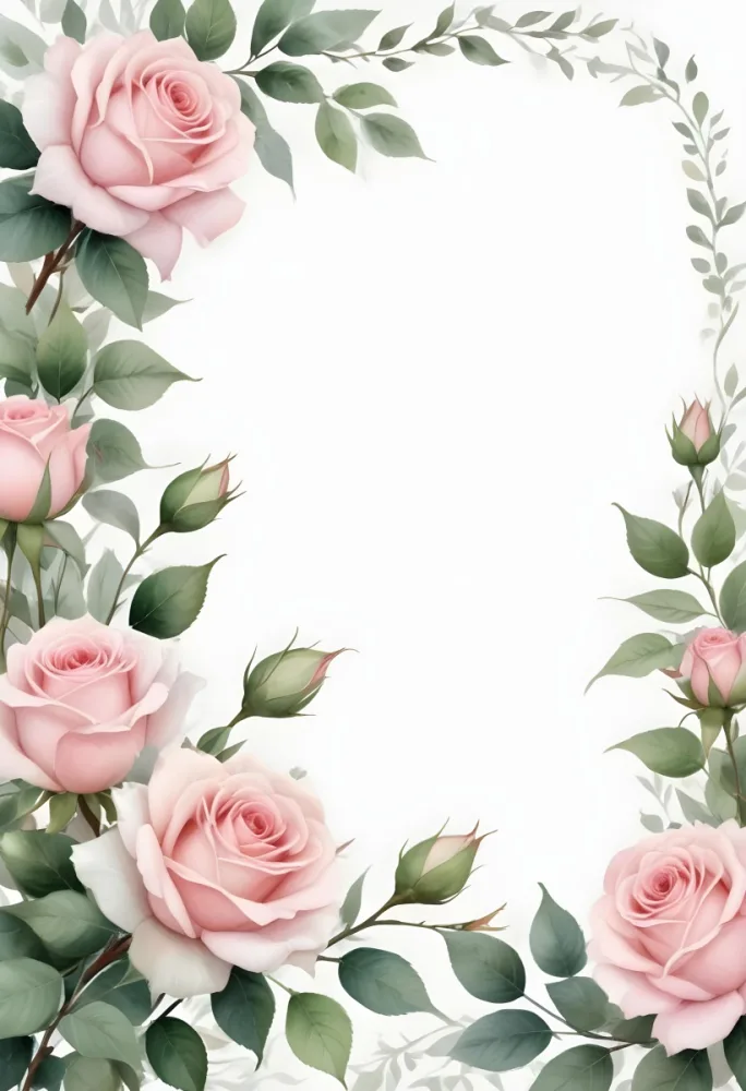 Digital Painting Pink Roses With Green Leaves On A White Background Watercolor Style Soft Pastel Colors Delicate Floral Arrangement Elegant Design Romantic Theme Floral Border Botanical Illustration Bold 21 Ec14