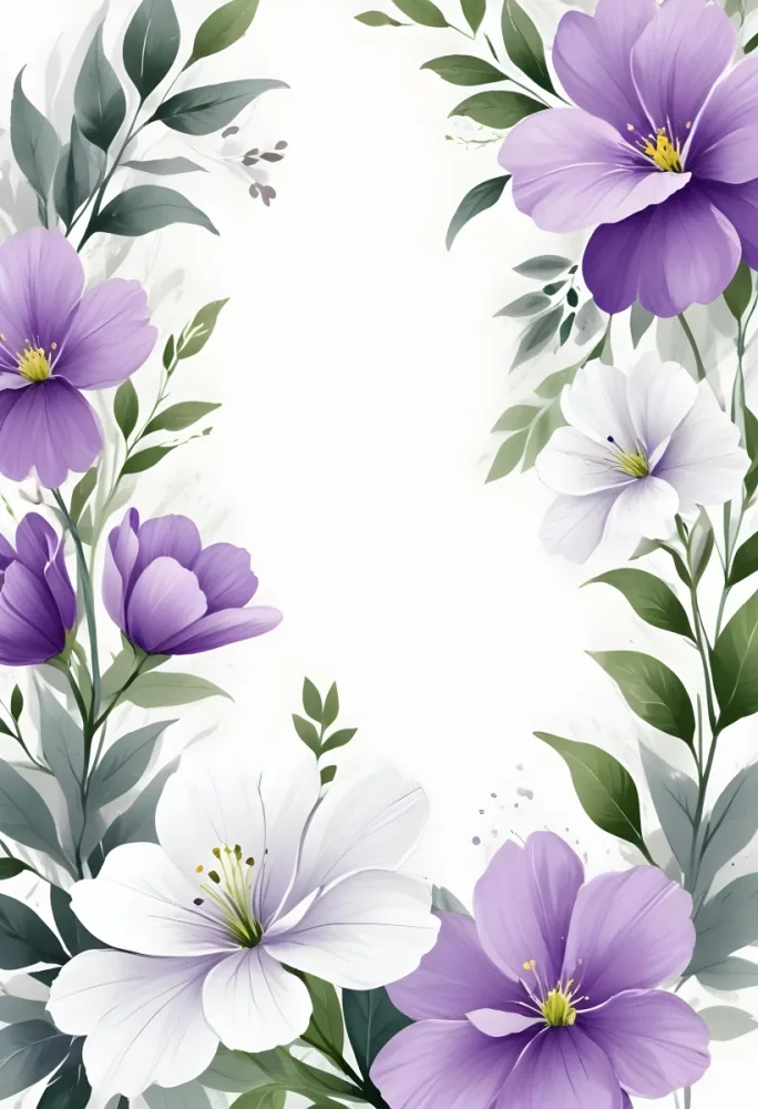 Digital Painting Purple And White Flowers With Green Leaves On A White Background With A Green Watercolor Effect On The Left Side And A White Line Bold And Slim Lines Brush Strokes 33 D543