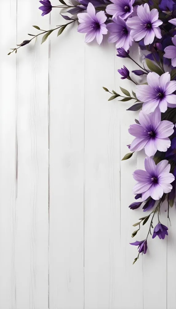 Digital Painting Purple Flowers On The Right Side Of A White Wooden Surface Floral Arrangement Minimalist Composition Soft Lighting Elegant Design Spring Theme Fresh And Vibrant Bold And Slim Lines Brush S 12 E798