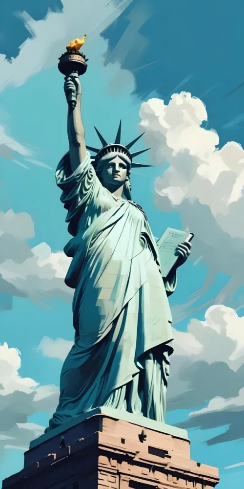 Digital Painting Statue Of Liberty With A Tablet In A Cloudy Sky Bold And Slim Lines Brush Strokes 3 08f0
