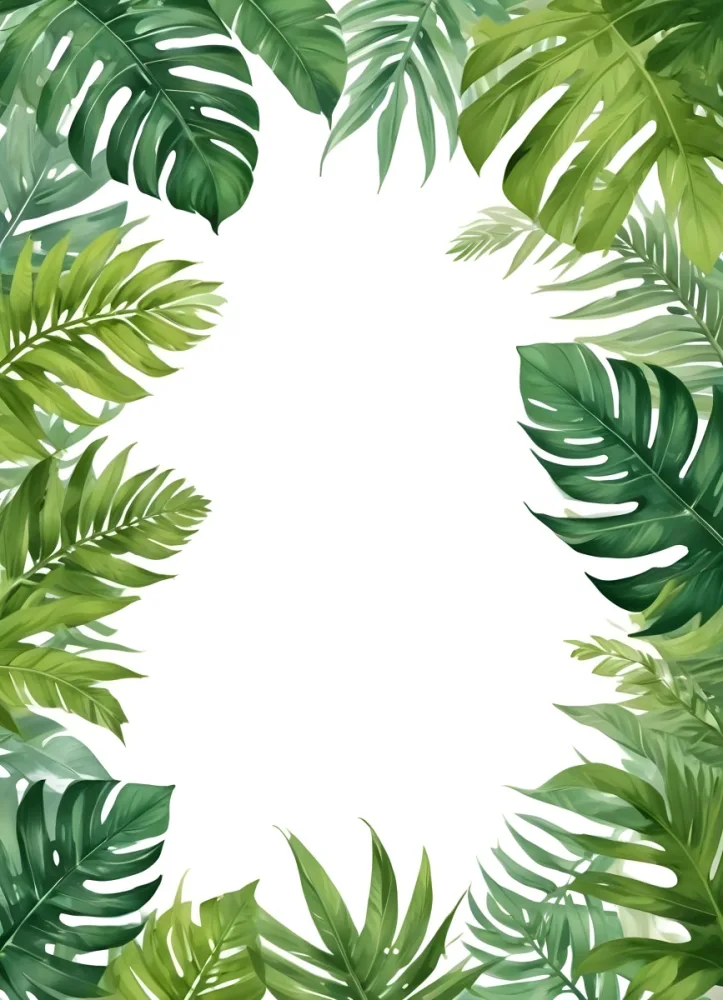 Digital Painting Tropical Leaves Frame With Different Shades Of Green Palm Leaves Banana Leaves And Fern Leaves Creating A Vibrant Border Against A White Background Bold And Slim Lines Brush Strokes 62 7e1d