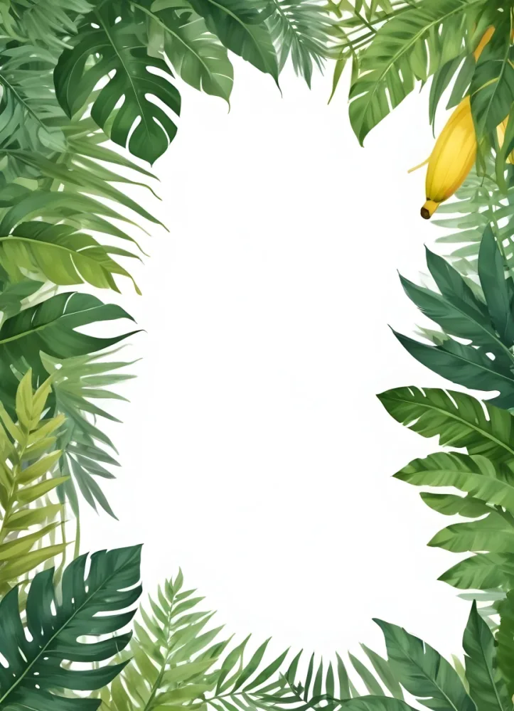 Digital Painting Tropical Leaves Frame With Different Shades Of Green Palm Leaves Banana Leaves And Fern Leaves Creating A Vibrant Border Against A White Background Bold And Slim Lines Brush Strokes 8 5d80