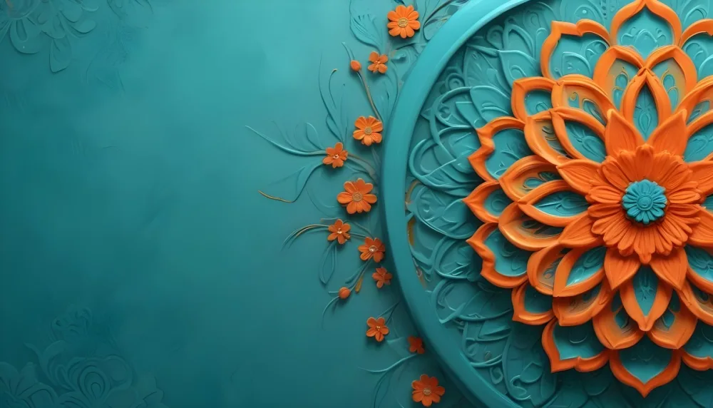 Digital Painting Turquoise Background With Embossed Floral Pattern On The Left Orange Flowers In The Center And A Turquoise And Orange Mandala On The Right Bold And Slim Lines Brush Strokes 16 D5de