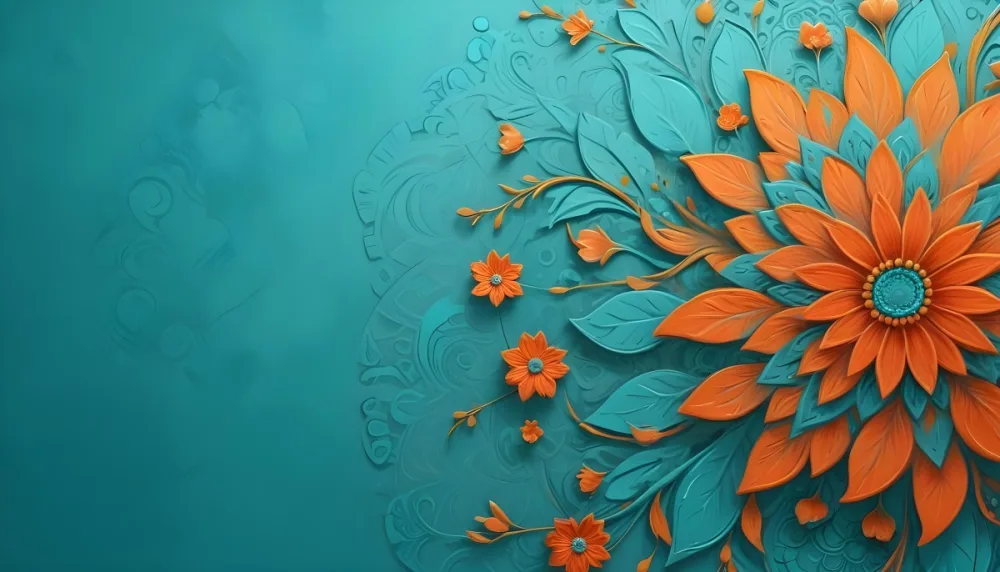 Digital Painting Turquoise Background With Embossed Floral Pattern On The Left Orange Flowers In The Center And A Turquoise And Orange Mandala On The Right Bold And Slim Lines Brush Strokes 33 Ec11