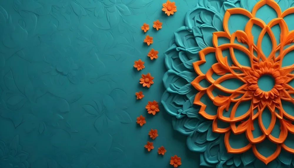Digital Painting Turquoise Background With Embossed Floral Pattern On The Left Orange Flowers In The Center And A Turquoise And Orange Mandala On The Right Bold And Slim Lines Brush Strokes 49 4f5f