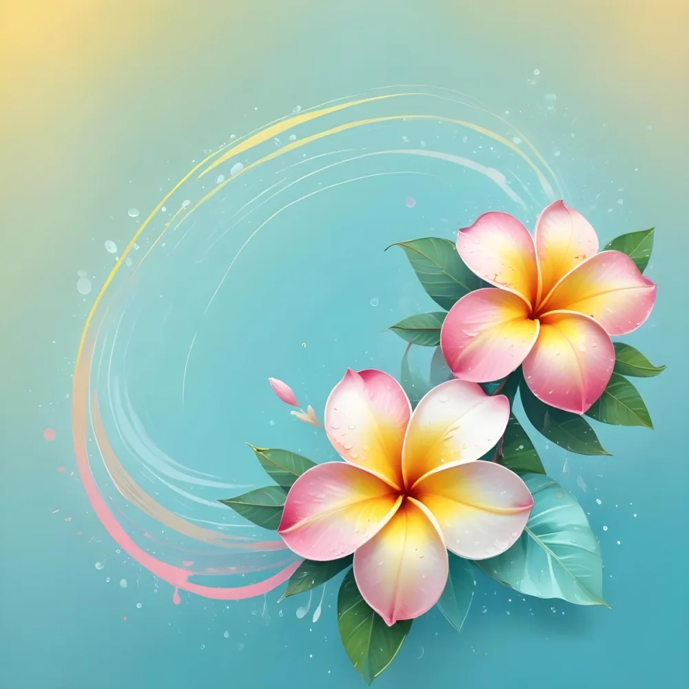 Digital Painting Two Frangipani Flowers With Pink And Yellow Petals Accompanied By Leaves In Pastel Tones Water Drops And Curved Lines On A Light Blue Background Bold And Slim Lines Brush Strokes 38 F1b4
