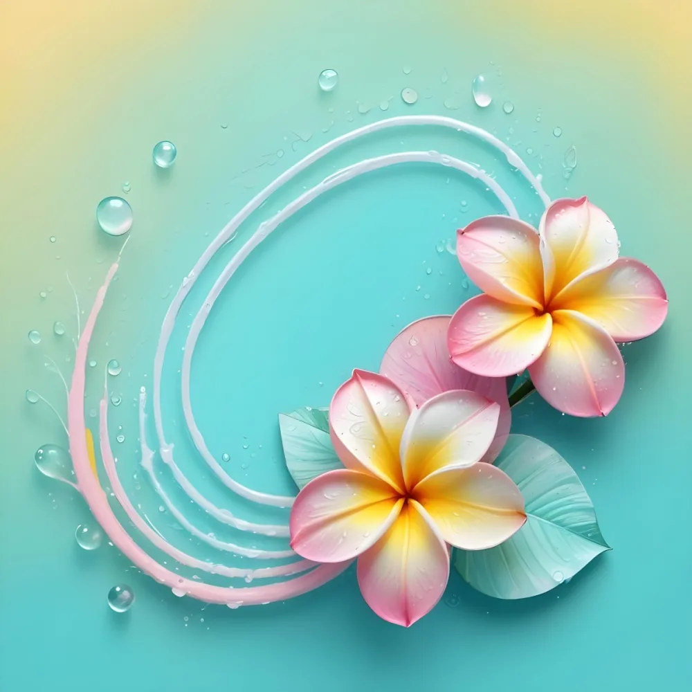 Digital Painting Two Frangipani Flowers With Pink And Yellow Petals Accompanied By Leaves In Pastel Tones Water Drops And Curved Lines On A Light Blue Background Bold And Slim Lines Brush Strokes 39 9a23