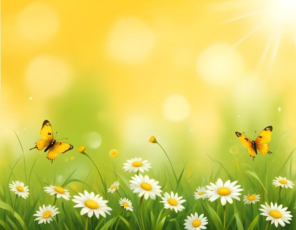 Digital Painting Two Yellow Butterflies Flying Over A Field Of Daisies And Yellow Grass Ladybugs Crawling On The Grass Bright Yellow And Green Background Bold And Slim Lines Brush Strokes 12 97af