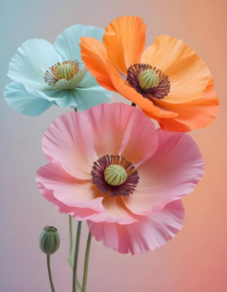 Digital Painting Vibrant Pink And Orange Poppy Flowers With Soft Petals Against A Light Blue Background Bold And Slim Lines Brush Strokes 31 9afb